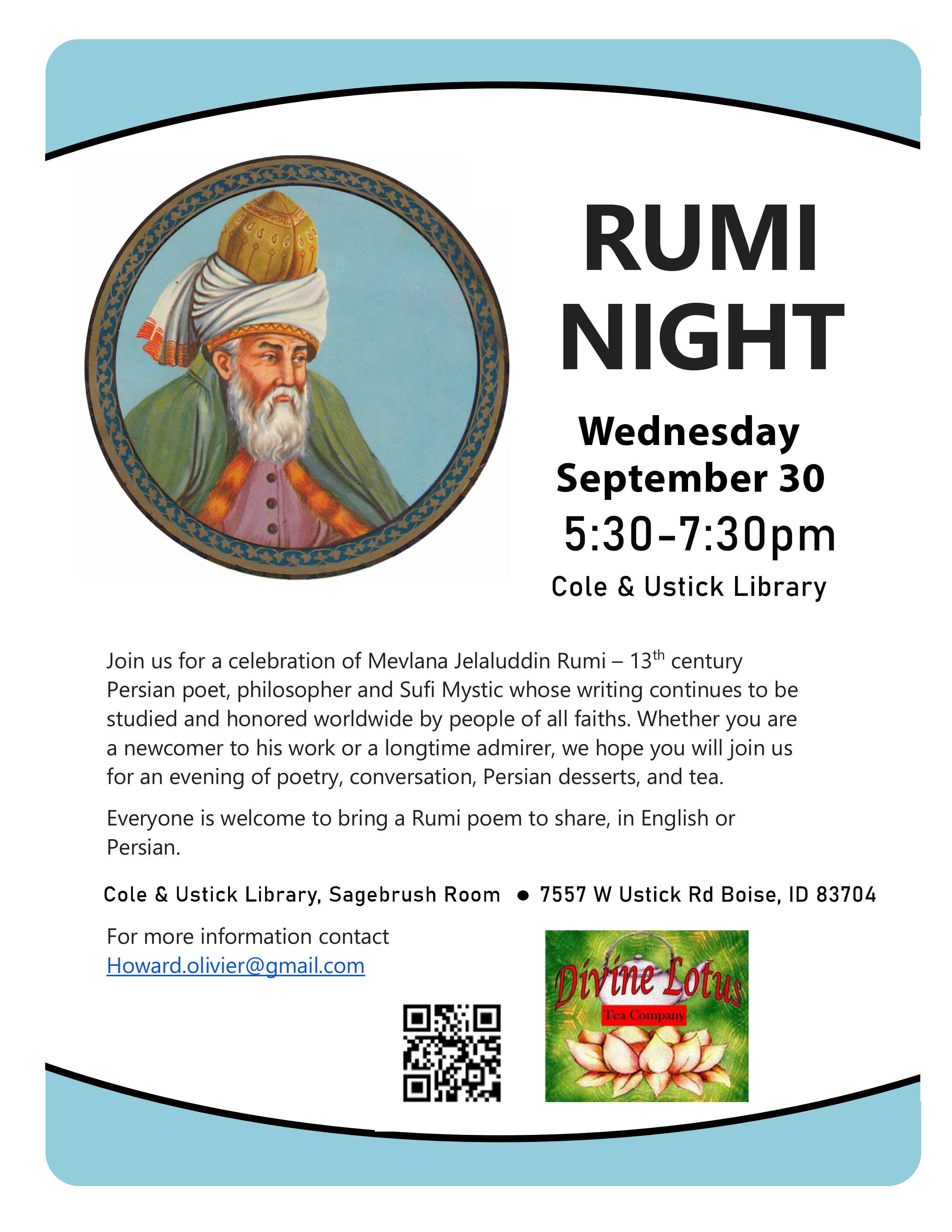 Rumi Night Event Flyer - Tuesday, March 17th at 5:30pm, Garden City Public Library