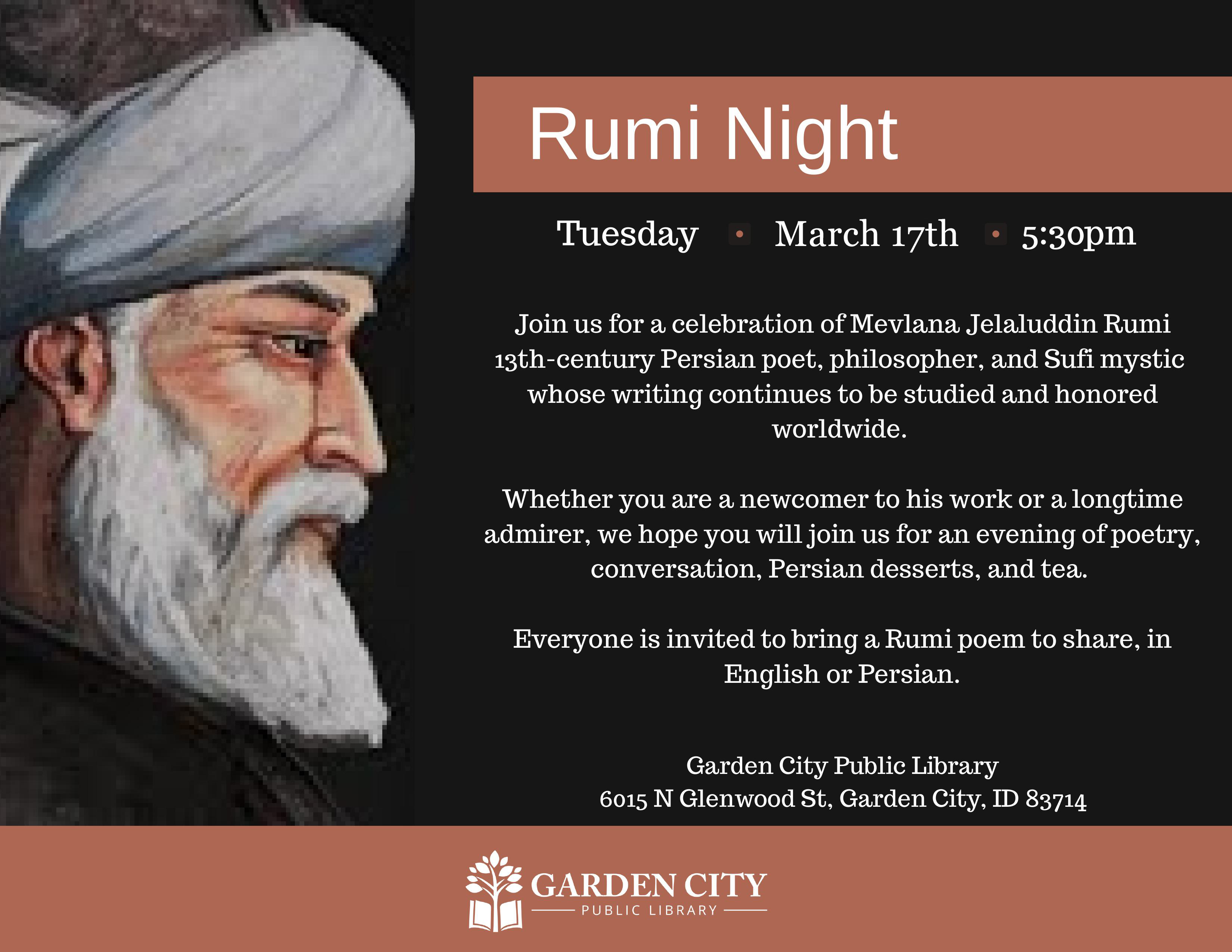 Rumi Night Event Flyer - Tuesday, March 17th at 5:30pm, Garden City Public Library